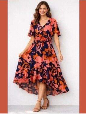 Abel The Label Clare Combo Maxi Dress Flutter Sleeve Smocked Pleated Small